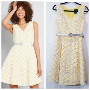 ModCloth Yellow White Floral Lace Fit & Flare Dress with Belt Side Pockets